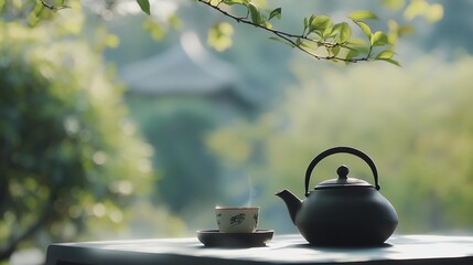 Black iron teapot and tea cup on wooden table with green trees and soft natural background, representing traditional tea culture, product photography, peaceful outdoor setting, and high-definition