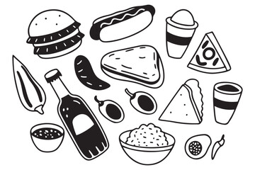 Mexican Food Doodles Collection, Hand-Drawn Snack & Meal Icons, Black and White Vector Illustrations