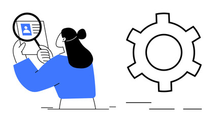 Woman examines profile details using a magnifying glass, symbolizing research and analysis. Gear icon suggests settings or system configuration. Ideal for recruitment, HR, analytics, data sorting
