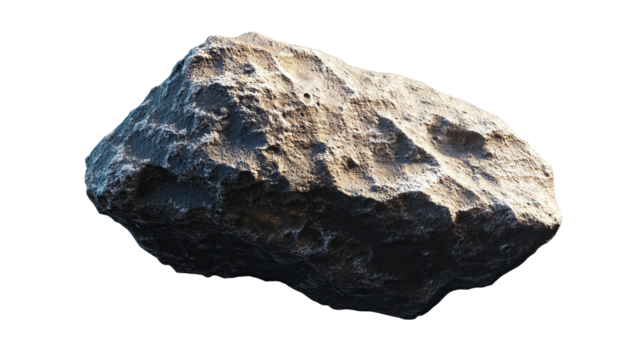 Asteroid rock floating showing rough textured surface on transparent background. PNG
