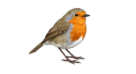 Fototapeta premium Detailed robin bird illustration vibrant orange breast gray brown back white background