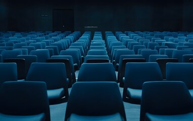 Fototapeta premium Empty Blue Auditorium Chairs Rows Conference Room