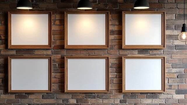 Empty wooden frames on a rustic brick wall in a cozy cafe setting with soft lighting