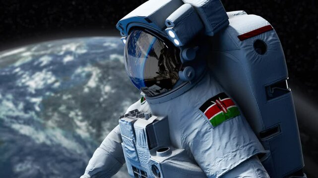 Kenya Astronaut with arm patch flag floating through space. Space program. Spaceman. Earth in background. The country showing national pride. 