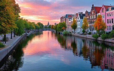 Obraz premium A beautiful row of houses along the canals in Amsterdam, with reflections on the water and lights from the windows at sunset