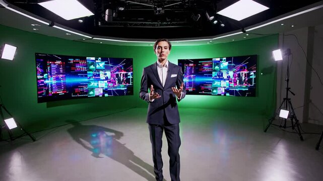 News anchor delivering breaking news in modern television studio, standing hands in pockets against vivid digital backdrop and bright lighting. News anchor sparks clear authority. Concept news anchor