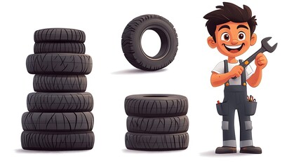 Vector cartoon mechanic holding wrench over shoulder, laughing joyfully, grease smudges on clothes and face, standing casually in front of tire stack. White background.