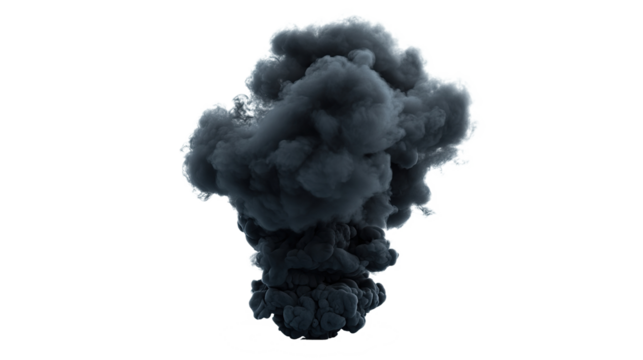Abstract explosion of dense black smoke cloud on transparent background. PNG