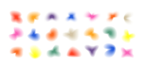 Gradient amoeba shapes. Set of 3d vector colorful modern free form design elements. Liquid shape glowing blobs in vibrant vintage colors on transparent background. Organic fluid irregular freeform bg