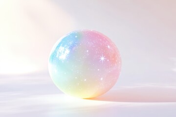 A pastel iridescent sphere, speckled with glitter, rests on a soft, light background.