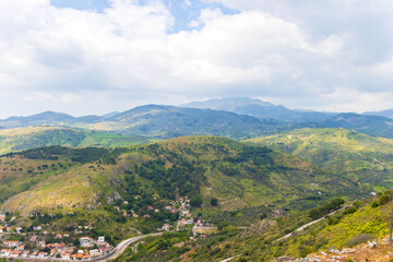Wide angle shot of Bergama(pergamon) city center with iconic houses and Red Hall Basilica.