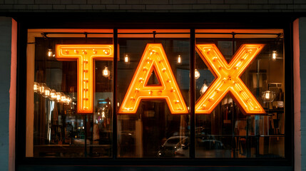 Illuminated Tax Sign in a City Window at Night