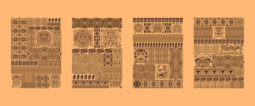 Mayan ornament posters. Maya inca peru ethnic pattern, african tribal tattoo symbol aztec ancient mexican culture peruvian tiki tribe texture print, swanky vector illustration