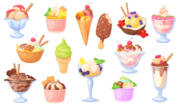 Cartoon sundae ice cream. Ice-cream serve desserts, soft icecream balls waffle cone or glass cup gelato scoop chocolate milk cake cream sweets summer food neat vector illustration