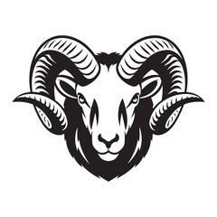Black and white stylized illustration of a ram's head Logo or silhouette