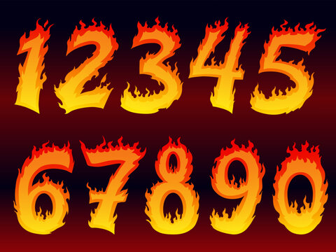 Cartoon fire numbers. Burning number flame sticker, numeral flaming font hot sale discount start rocket speed race logo hell six 1 2 3 4 5 6 7 8 9 0 set tidy vector illustration