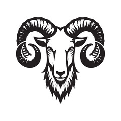 Black and white stylized illustration of a ram's head Logo or silhouette