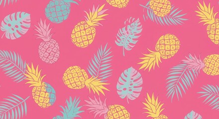 Colorful pineapples and tropical leaves on pink background