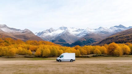Obraz premium White Cargo Van in Autumn Mountains, Crisp High-Resolution Photography, Landscape Wide Shot, Stunning Mountain Scenery, Adventure Travel Concept, Serene Fall Colors, Perfect for Travel Blogs