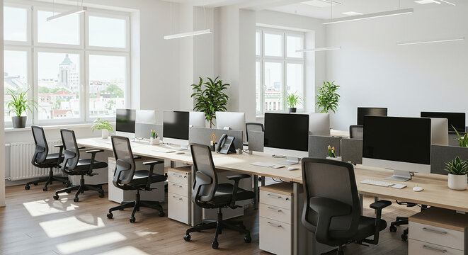 A bright and spacious office interior with multiple workstations and natural light from large windows