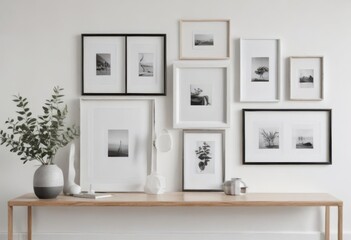 Stylish photo frame arrangement on a white wall, various shapes and sizes, minimalist aesthetic ,  simple,  gallery wall,  frames