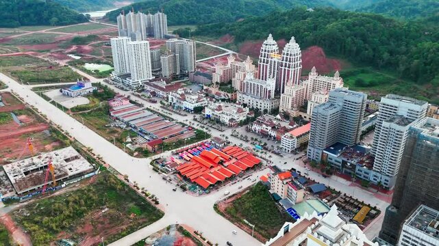 drone aerial of Boten city in Laos located in Luang Namtha Province, on the China&ndash;Laos border