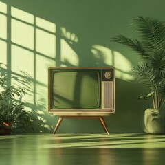 A television is sitting on a stand in front of a green wall