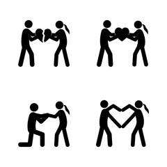 Set of stick figures love and relationships on a white background. Flat style, vector illustration.