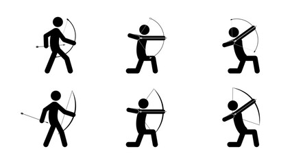 Set of archery stick figures isolated on white background. Flat style, vector illustration.