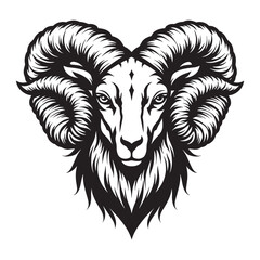Black and white stylized illustration of a ram's head Logo or silhouette