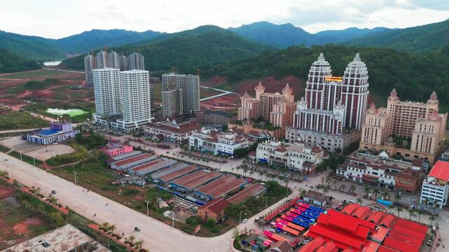 drone aerial view of Boten city in Laos located in Luang Namtha Province, on the China&ndash;Laos border building under construction development