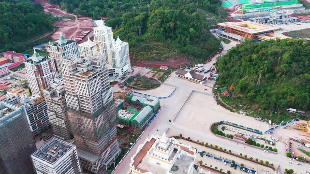 Aerial of the China&ndash;Laos border crossing in Boten city in Laos located in Luang Namtha Province, on the China&ndash;Laos border