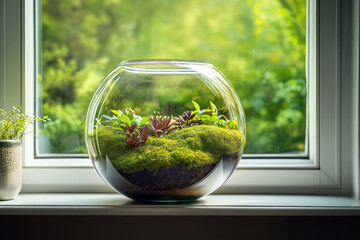 Vibrant stabilized moss covering the base of a modern glass terrarium, placed on a windowsill with natural light streaming in.