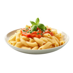 Delicious Pasta with Tomato Sauce and Fresh Basil Garnish in a White Bowl on transparent background