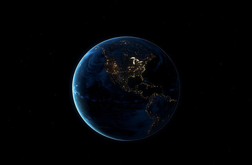 Obraz premium Realistic Earth from space at night, with lights glowing in cities, showcasing global connectivity and the planet's atmosphere.