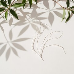  Green leaves of a tree on a white background with an elongated shadow.