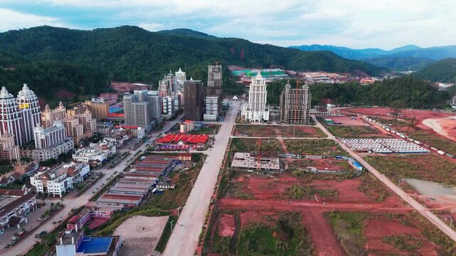 Aerial view of Boten city in Laos located in Luang Namtha Province, situated on the China&ndash;Laos border opposite the Chinese town of Mohan