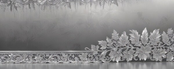 Elegant silver leaf lace border on a shimmering metallic background ,  decorative border,  texture, lace