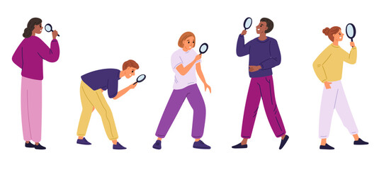 Men and women with magnifying glasses. People searching and examining. Studying and detective investigating. Businessman with magnifier. Scientific research. Vector young persons set