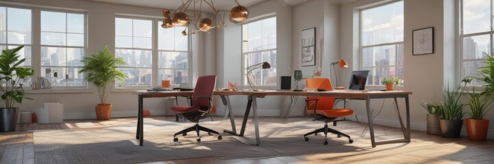 Sunlit office; colorful accents, sleek furniture ,  colorful,  office,  energy