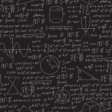 Math numbers and formulas seamless pattern. Graphs and diagrams at blackboard. Algebra calculations. Mathematical education. Repeated print. Trigonometry function. Vector background