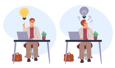 Idea search. Male businessman sitting at desk looking for insight. Guys thinking about successful problem solution. Glowing or burnout lightbulbs. Thoughtful employee. Vector concept
