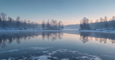 Fototapeta premium Frozen lake, delicate snowflake silhouettes against a frosty blue sky , calm, holiday