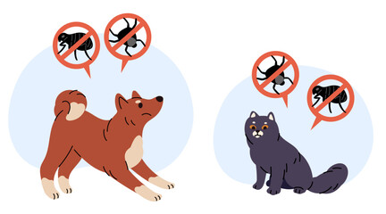 Cat and dog with skin parasite problems. Pets suffer from mites and lice. Pest forbidden icon. Stop symbol. Animals flea. Bloodsucker circle pictogram. Fur bugs warning. Vector concept