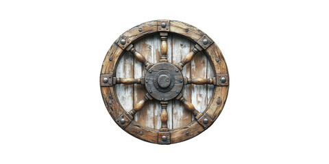 Obraz premium Wooden Ship Steering Wheel. Nautical Navigation And Maritime Heritage Isolated On Transparent Background