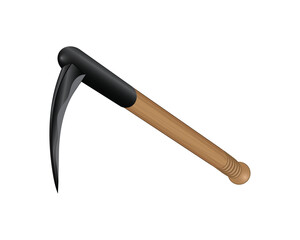 vector design of a tool called a scythe made of wood and a sharp blade made of iron and useful for cutting grass or weeds or harvesting crops