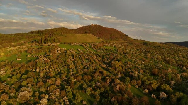 Burg Teck im goldenen Licht: Ein vertr&auml;umter Sonnenuntergang &uuml;ber Streuobstwiesen und der B&ouml;lle.