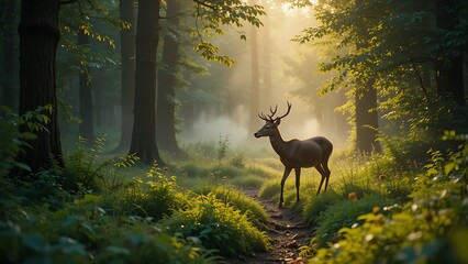 Wild deer walking through a lush green forest during golden hour, mist in the background, peaceful atmosphere, Earth Day nature preservation concept