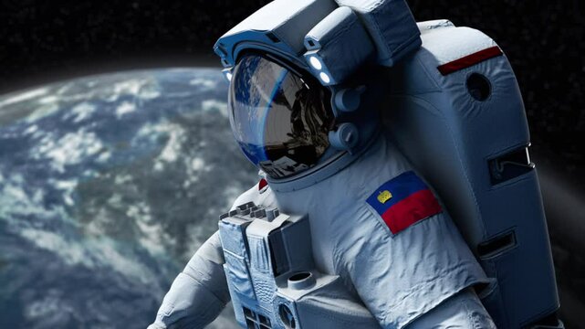 Liechtenstein Astronaut with arm patch flag floating through space. Space program. Spaceman. Earth in background. The country showing national pride. 