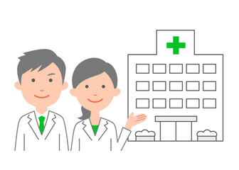 病院の施設を案内する、男女の医療従事者